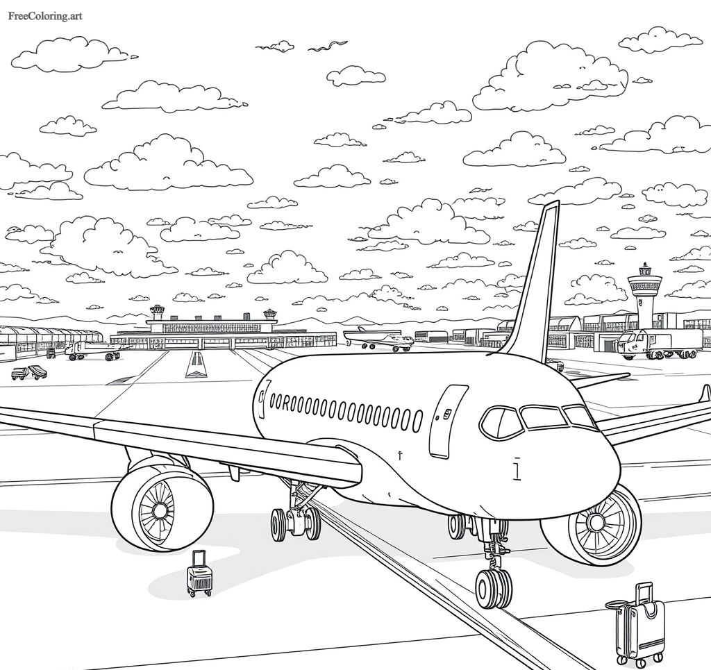 Airplane Near An Airport Coloring Page