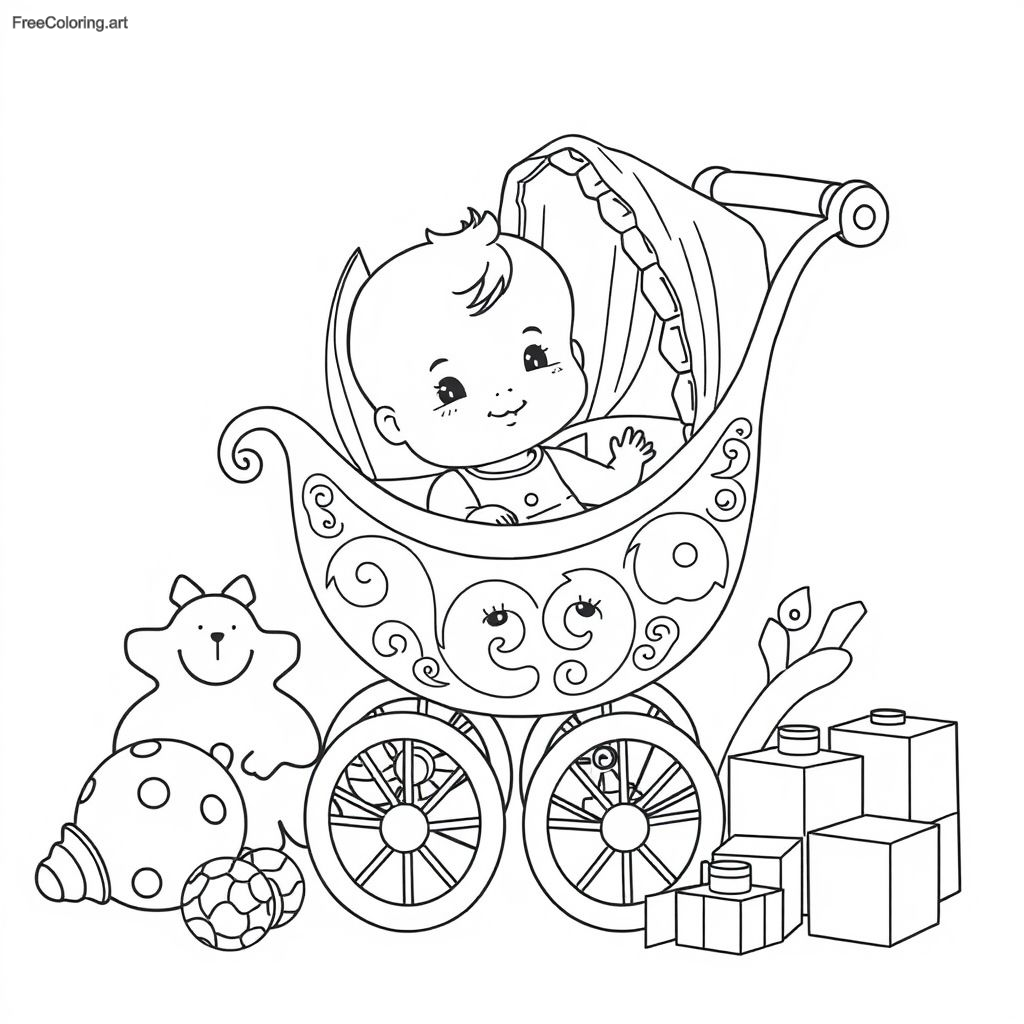 Poupon mignon dans une poussette avec des jouets