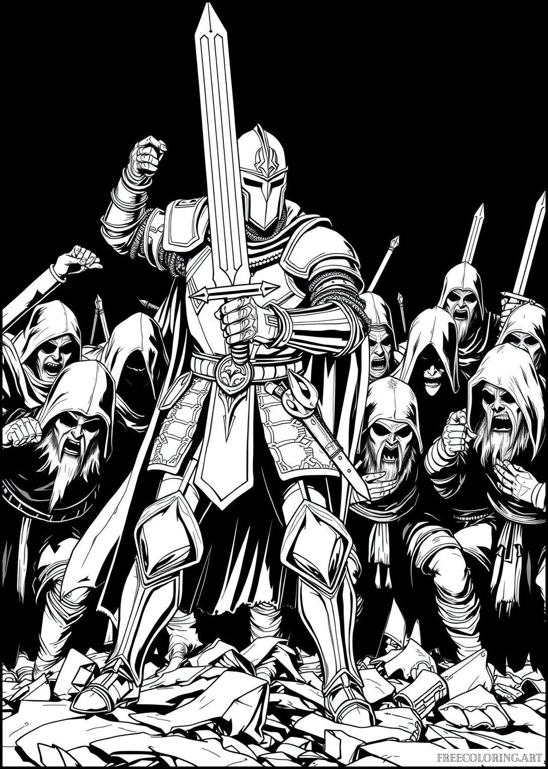 Knight Fighting Off A Group Of Bandits