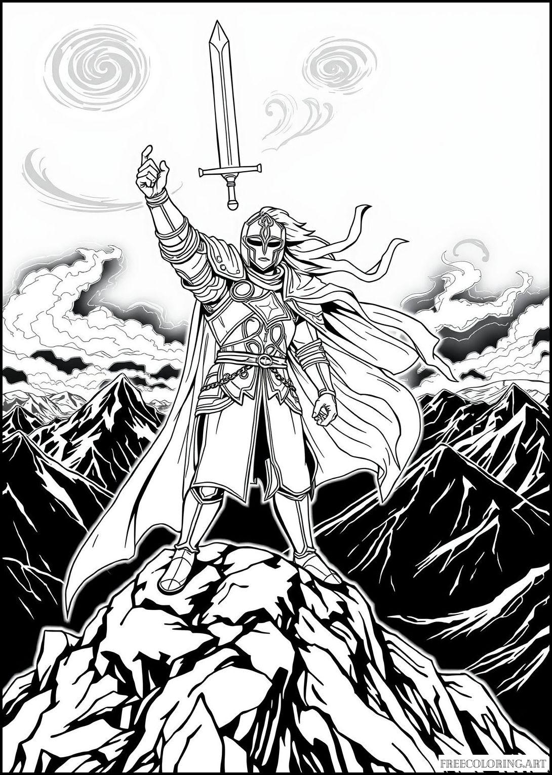 Knight In A Heroic Pose Atop A Mountain