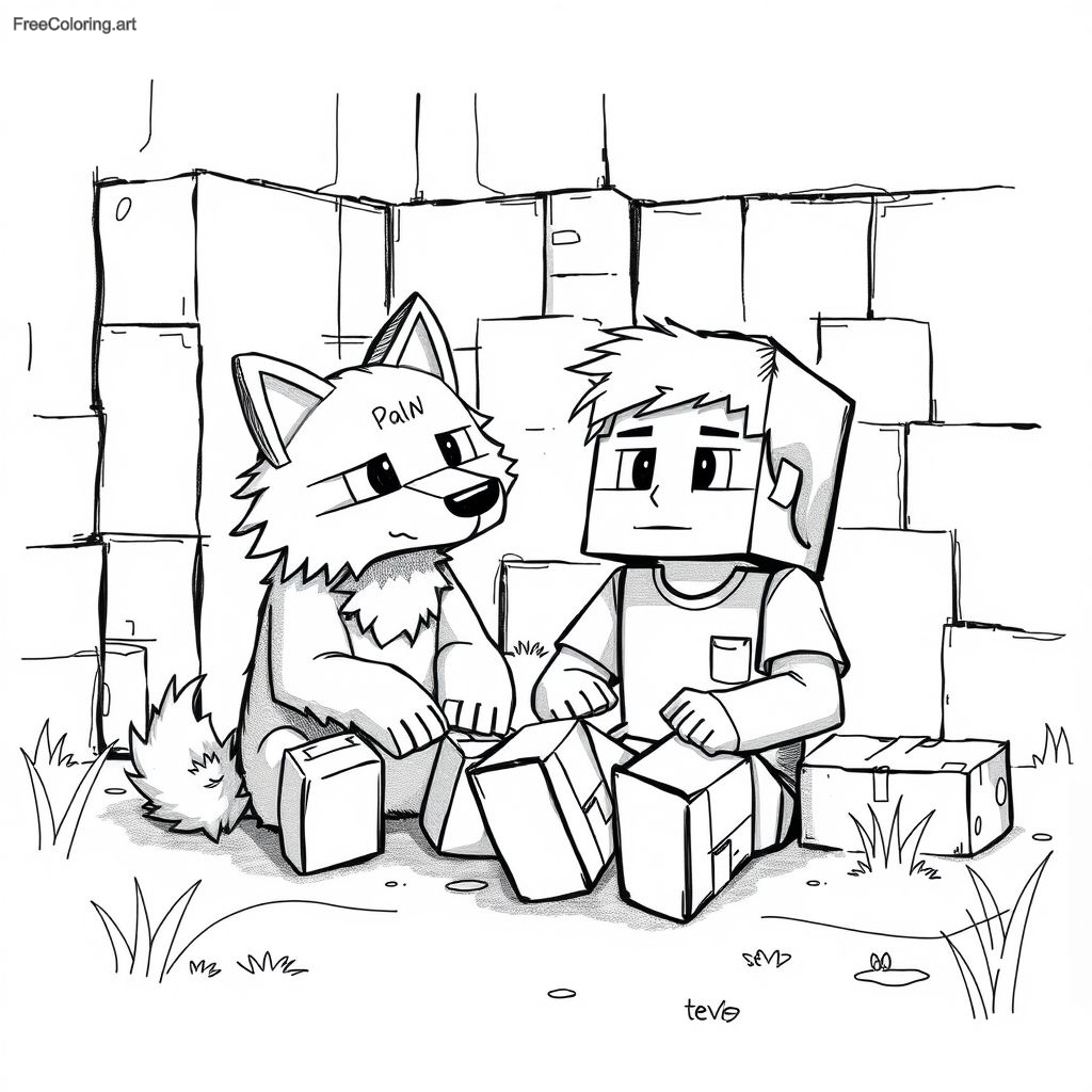 Loup Minecraft assis à côté de Steve