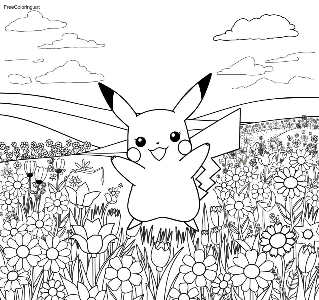 Pikachu jouant dans un champ de fleurs
