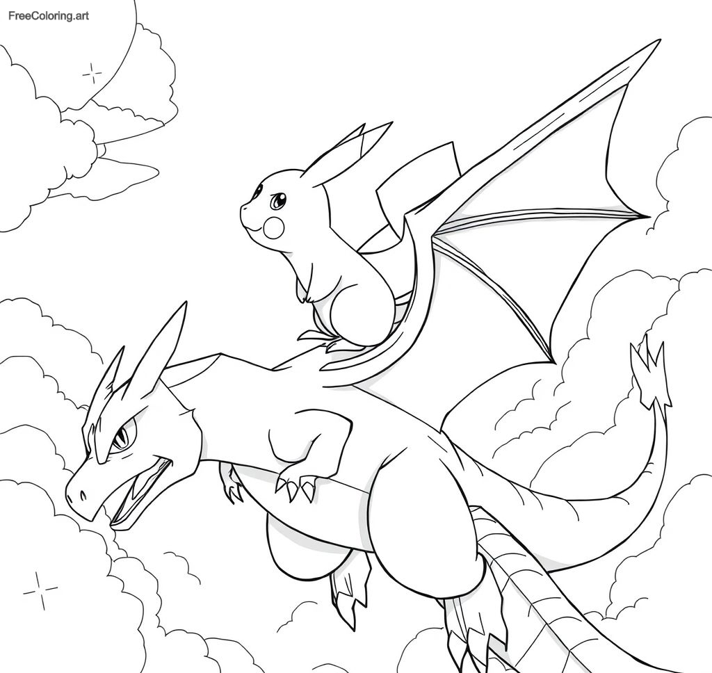 Pikachu chevauchant le dos d'un Charizard
