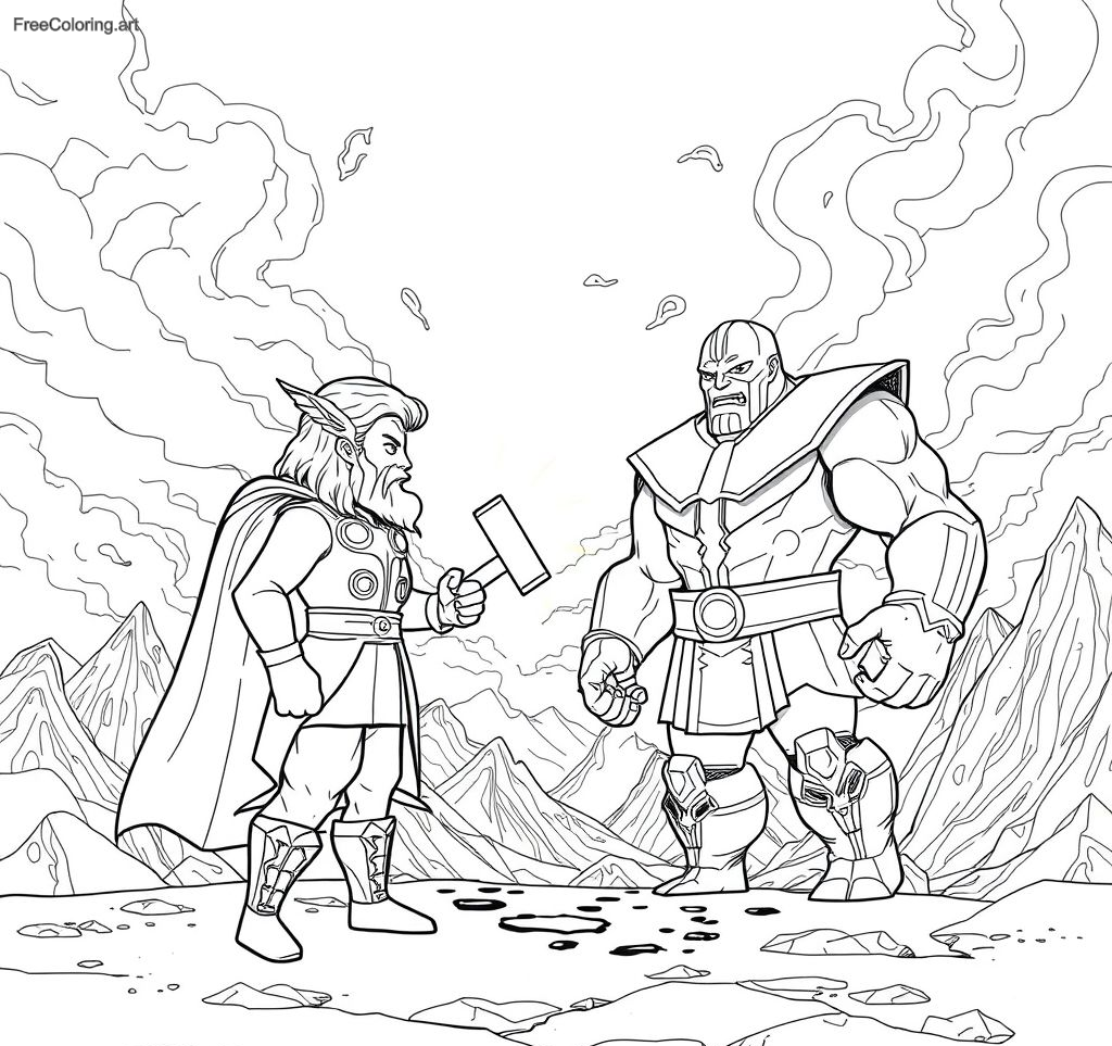 Thor faisant face à Thanos avec son marteau brillant