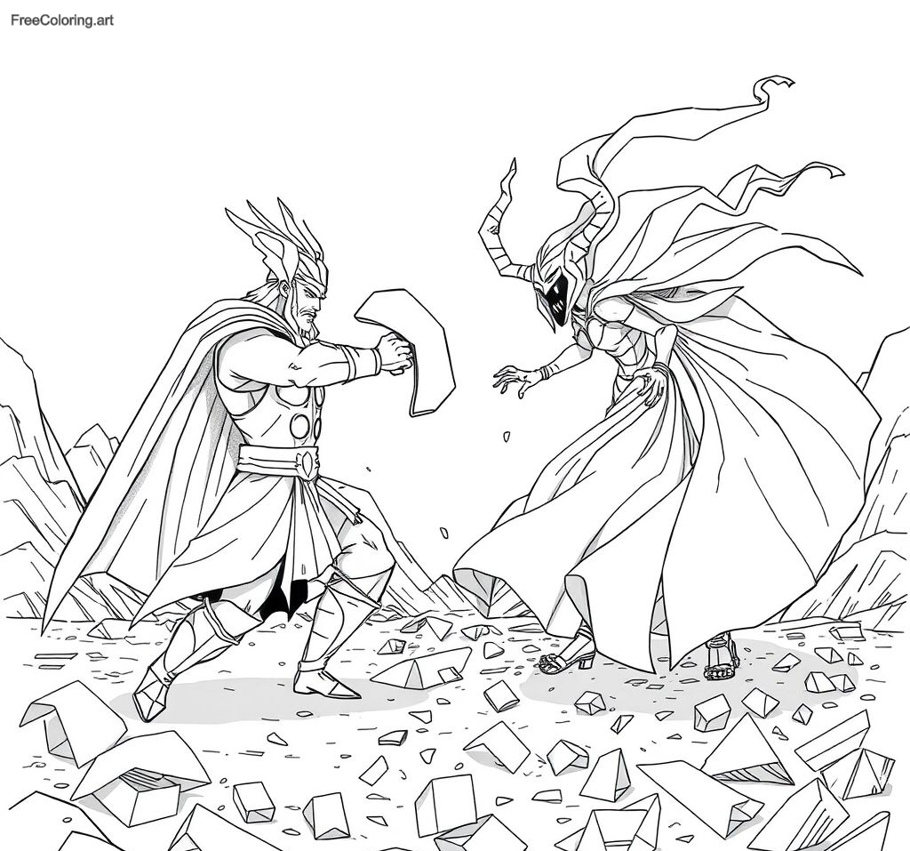 Thor combattant Hela dans un duel épique