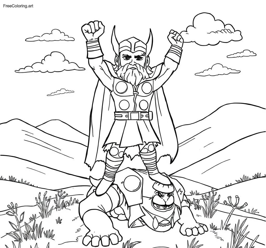 Thor se tenant au-dessus d'un ennemi vaincu