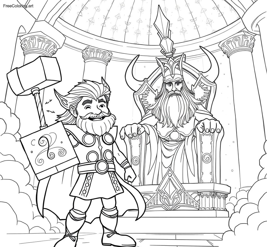 Thor avec Odin veillant sur lui au Valhalla
