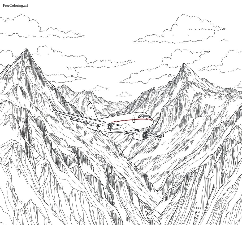 Airplane Flying Near Mountains Coloring Page Airplane Flying Near Mountains Coloring Page