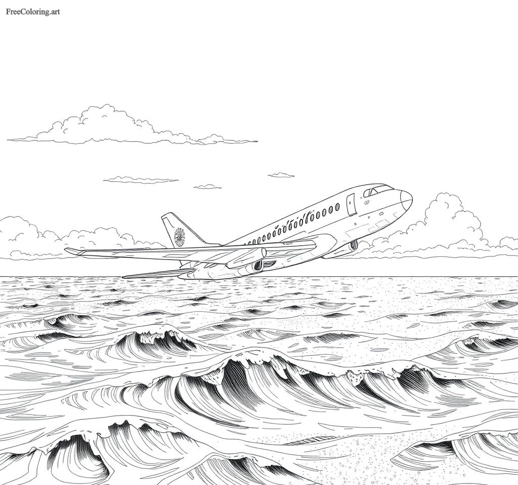 Airplane Flying Over The Ocean Coloring Page Airplane Flying Over The Ocean Coloring Page