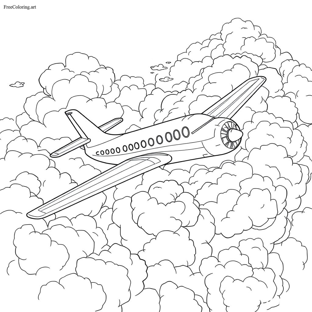 Airplane Zooming Through Clouds Coloring Page Airplane Zooming Through Clouds Coloring Page