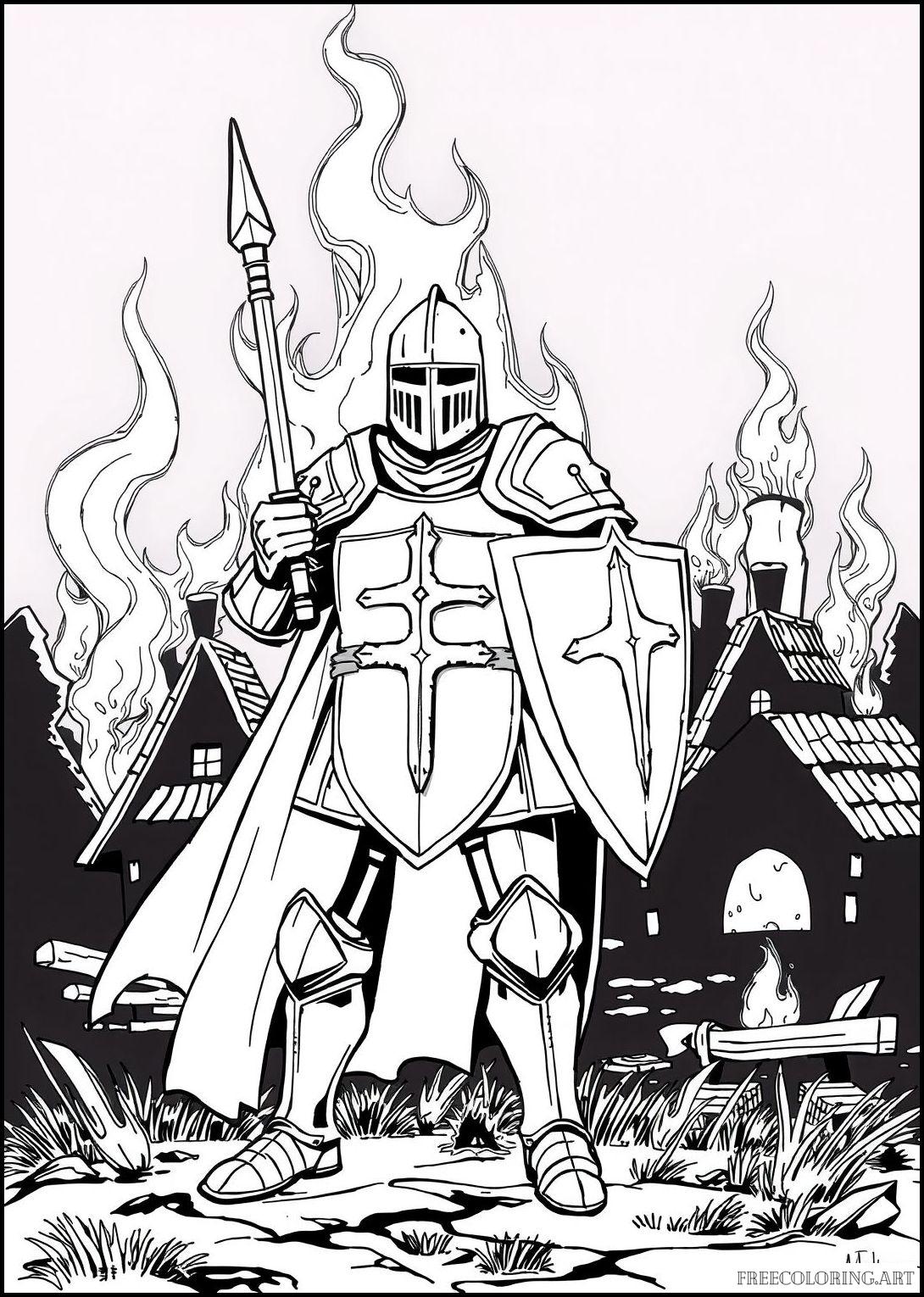 Knight Standing In Front Of A Burning Village Knight Standing In Front Of A Burning Village
