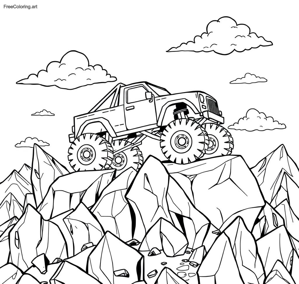Camión monstruo escalando montañas rocosas Camión monstruo escalando montañas rocosas