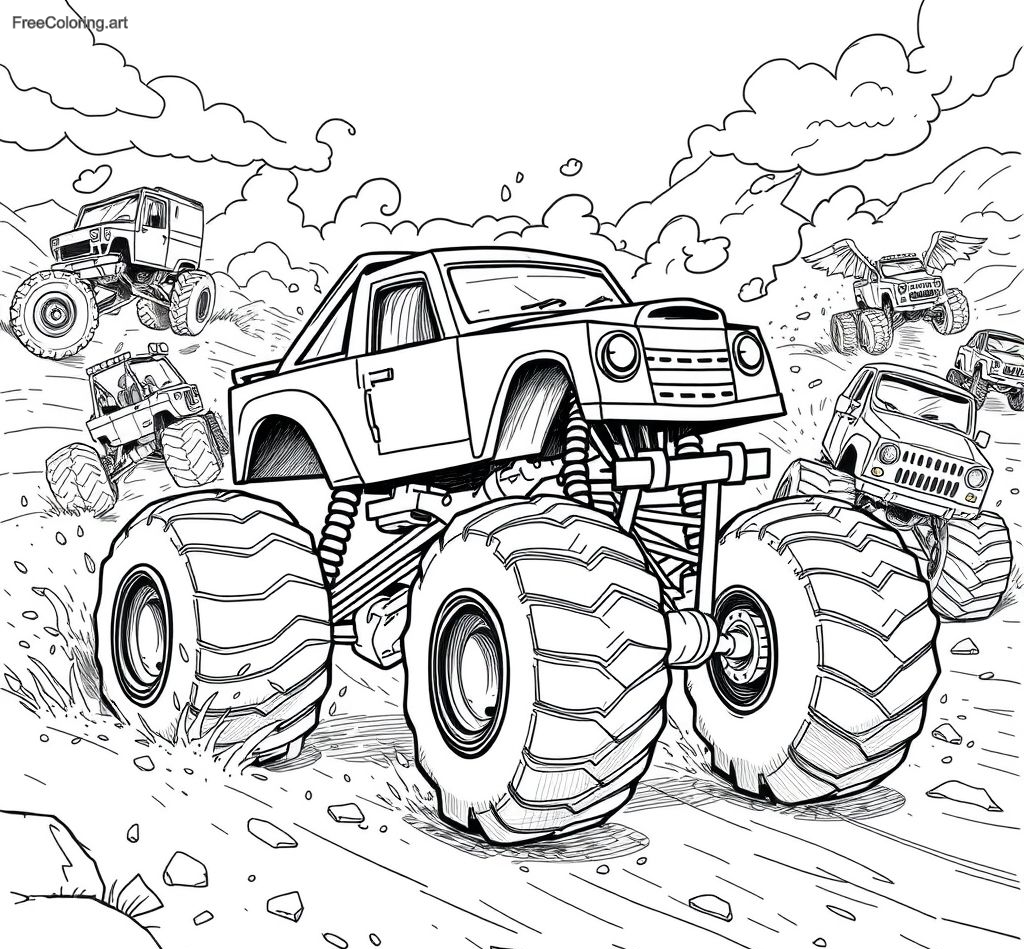 Camión monstruo compitiendo en una carrera con otros camiones monstruo Camión monstruo compitiendo en una carrera con otros camiones monstruo