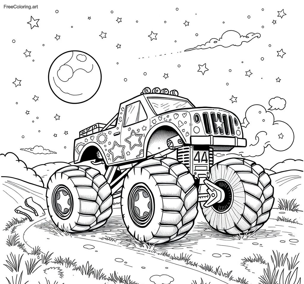 Camión monstruo cubierto de estrellas y corriendo a través de la noche Camión monstruo cubierto de estrellas y corriendo a través de la noche