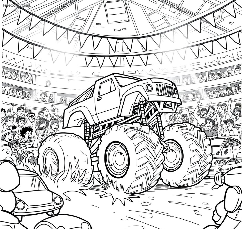 Camión monstruo aplastando autos en una arena Camión monstruo aplastando autos en una arena