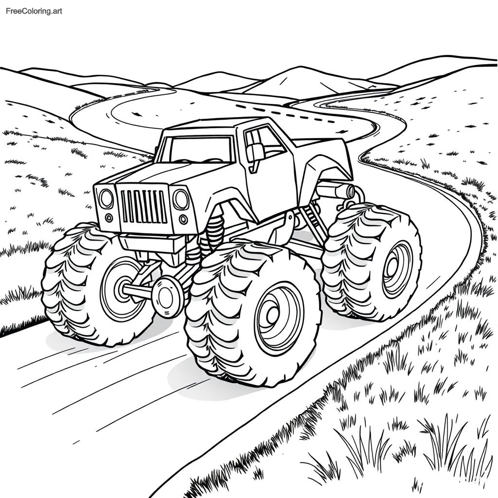 Camión monstruo derrapando alrededor de una esquina cerrada Camión monstruo derrapando alrededor de una esquina cerrada