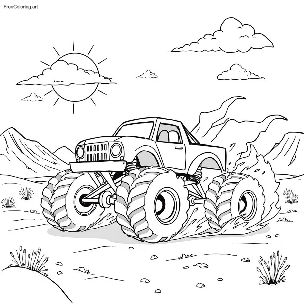 Camión monstruo en el desierto con nubes de polvo detrás Camión monstruo en el desierto con nubes de polvo detrás