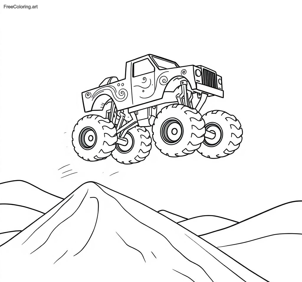 Camión monstruo saltando alto sobre una rampa Camión monstruo saltando alto sobre una rampa