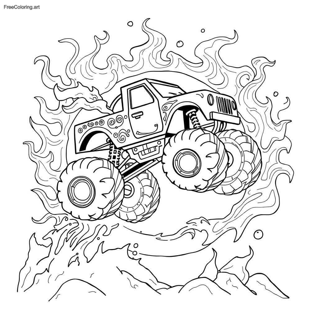 Camión monstruo saltando a través de un aro de fuego Camión monstruo saltando a través de un aro de fuego