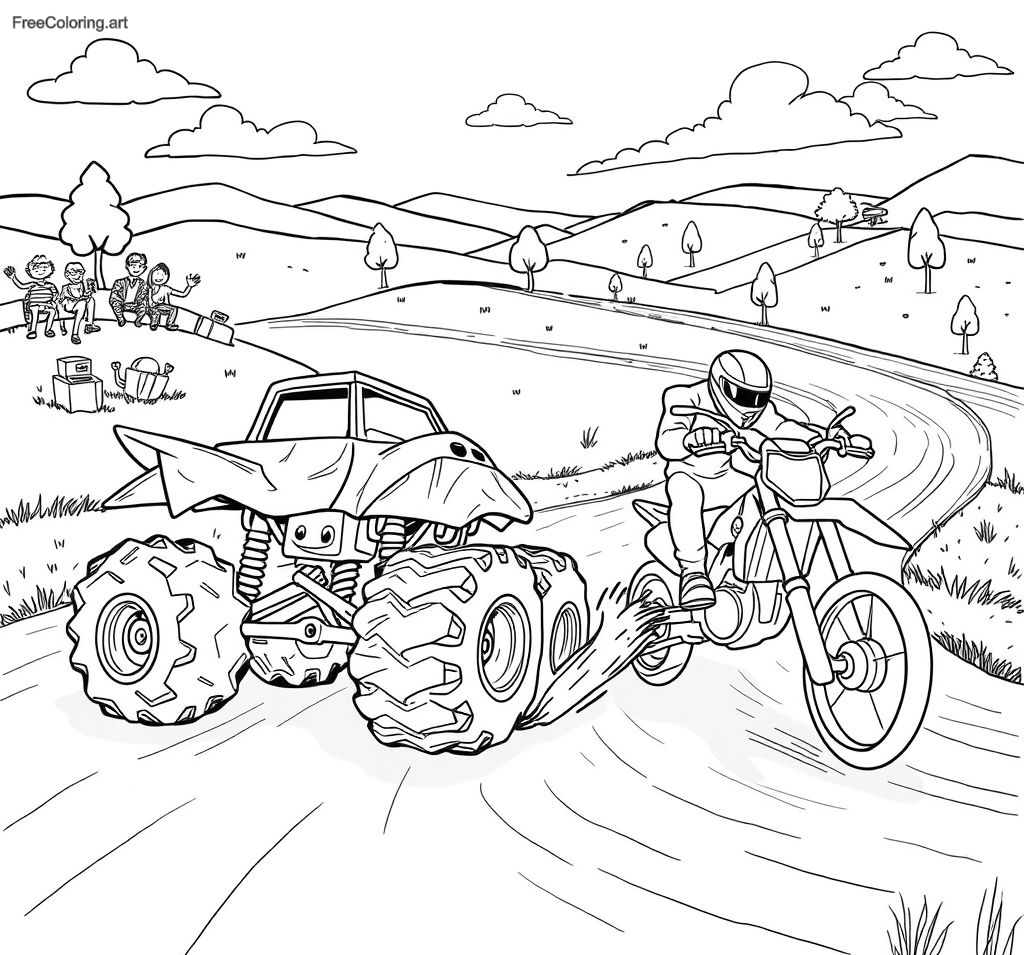 Camión monstruo compitiendo contra una moto de cross Camión monstruo compitiendo contra una moto de cross