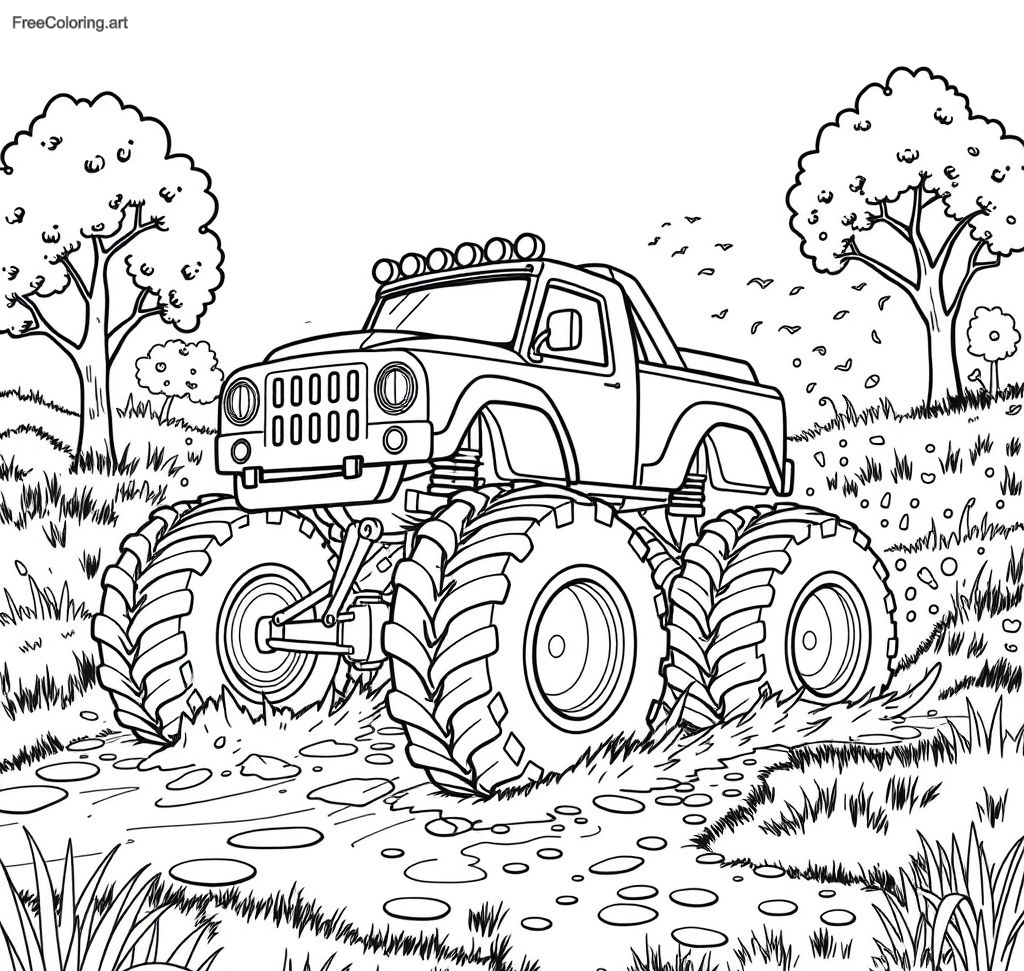 Camión monstruo salpicando a través de un camino fangoso Camión monstruo salpicando a través de un camino fangoso