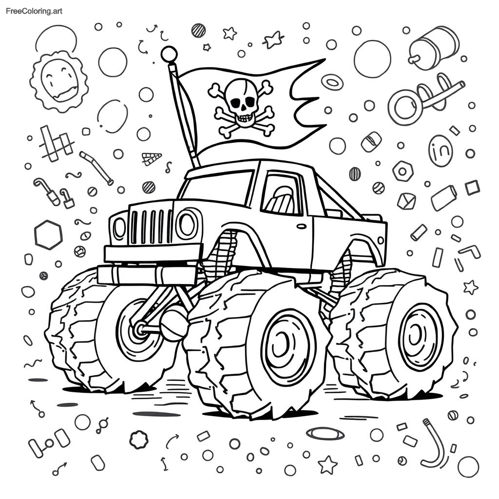 Camión monstruo con una bandera pirata en la parte superior Camión monstruo con una bandera pirata en la parte superior
