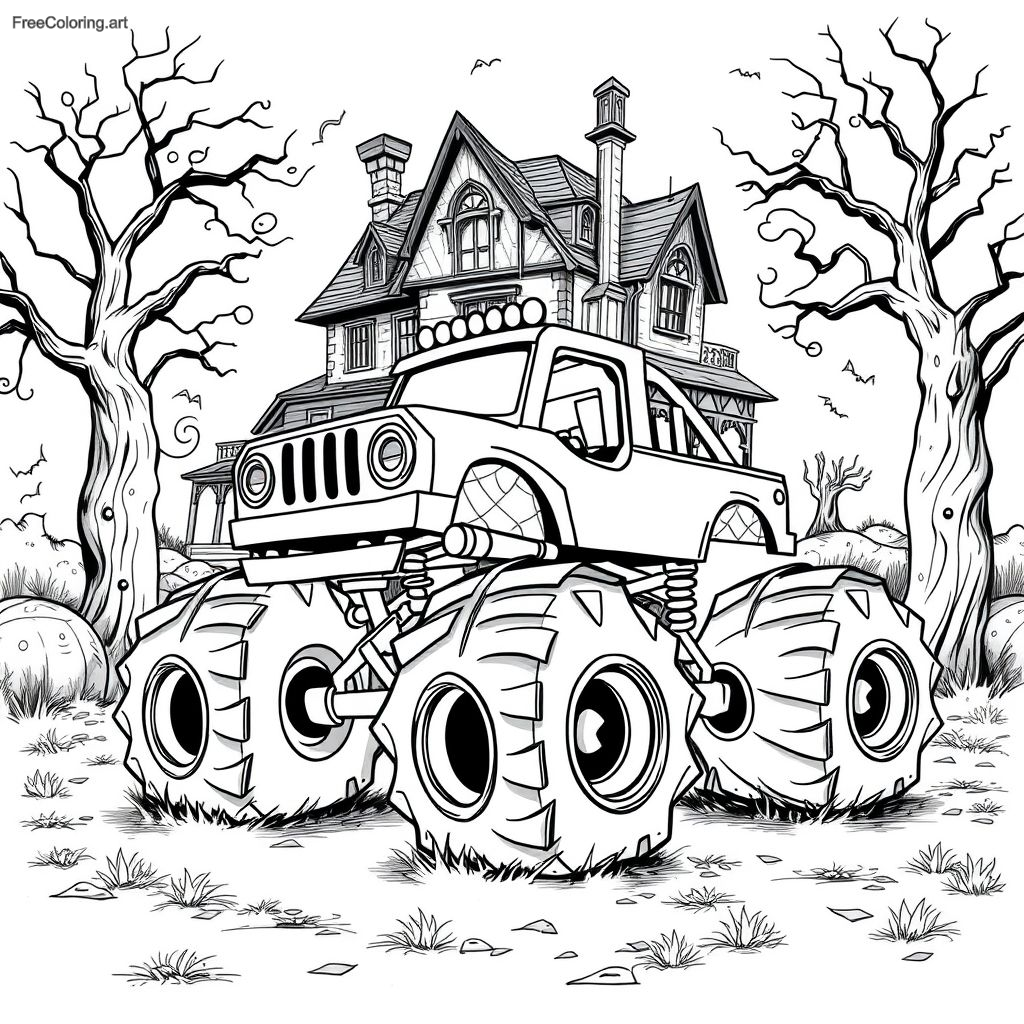 Camión monstruo con una casa embrujada espeluznante de fondo Camión monstruo con una casa embrujada espeluznante de fondo