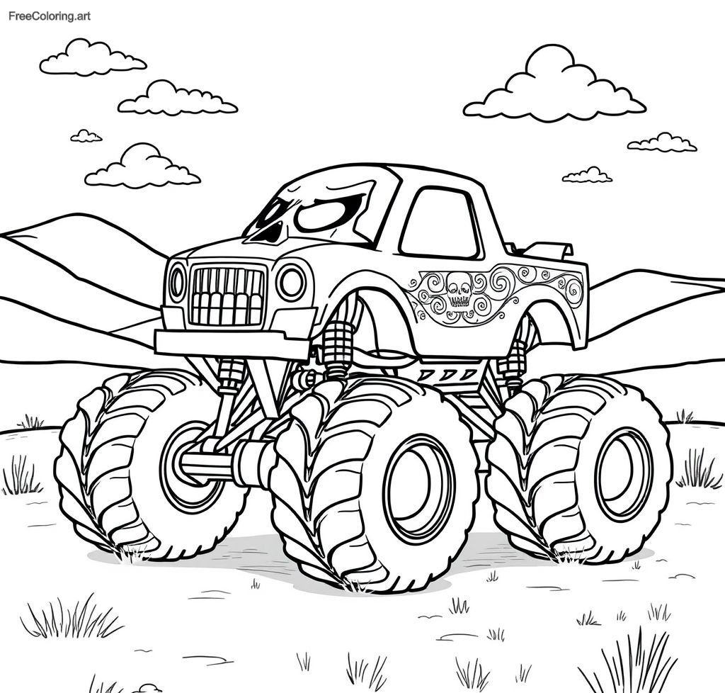 Camión monstruo con un diseño de calavera en su capó Camión monstruo con un diseño de calavera en su capó