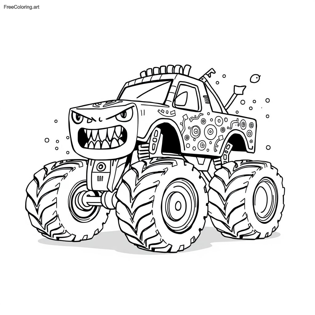 Camión monstruo con un diseño de cara enojada en la parte delantera Camión monstruo con un diseño de cara enojada en la parte delantera
