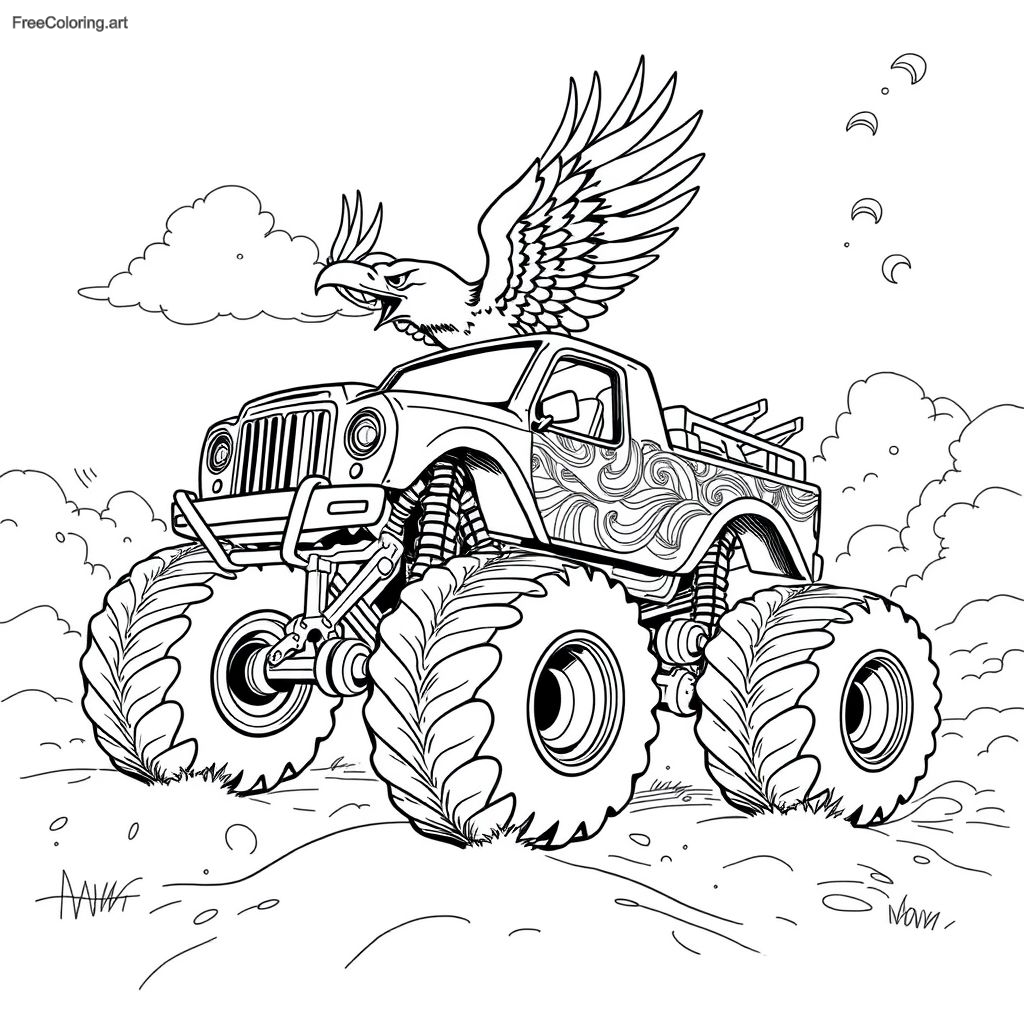 Camión monstruo con un diseño de águila surcando el cielo Camión monstruo con un diseño de águila surcando el cielo