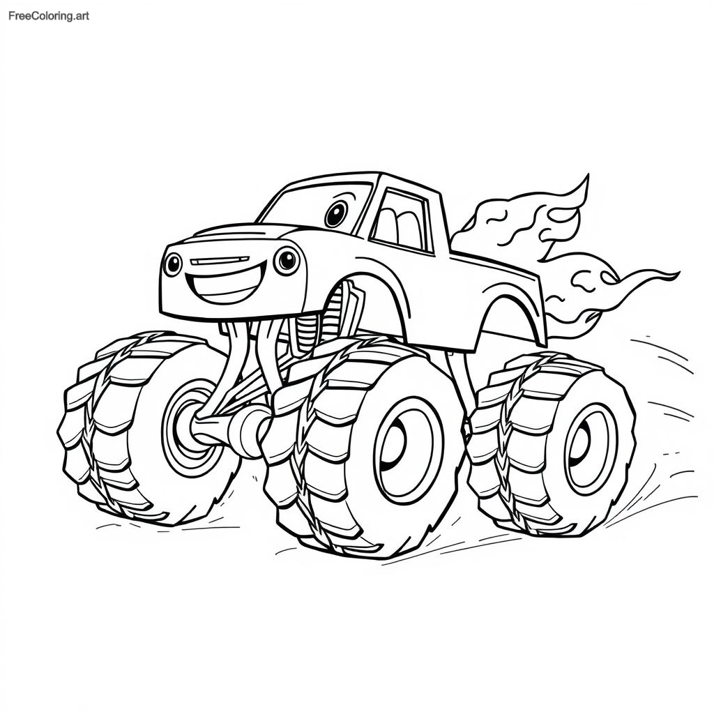 Camión monstruo con llamas en sus costados acelerando hacia adelante Camión monstruo con llamas en sus costados acelerando hacia adelante