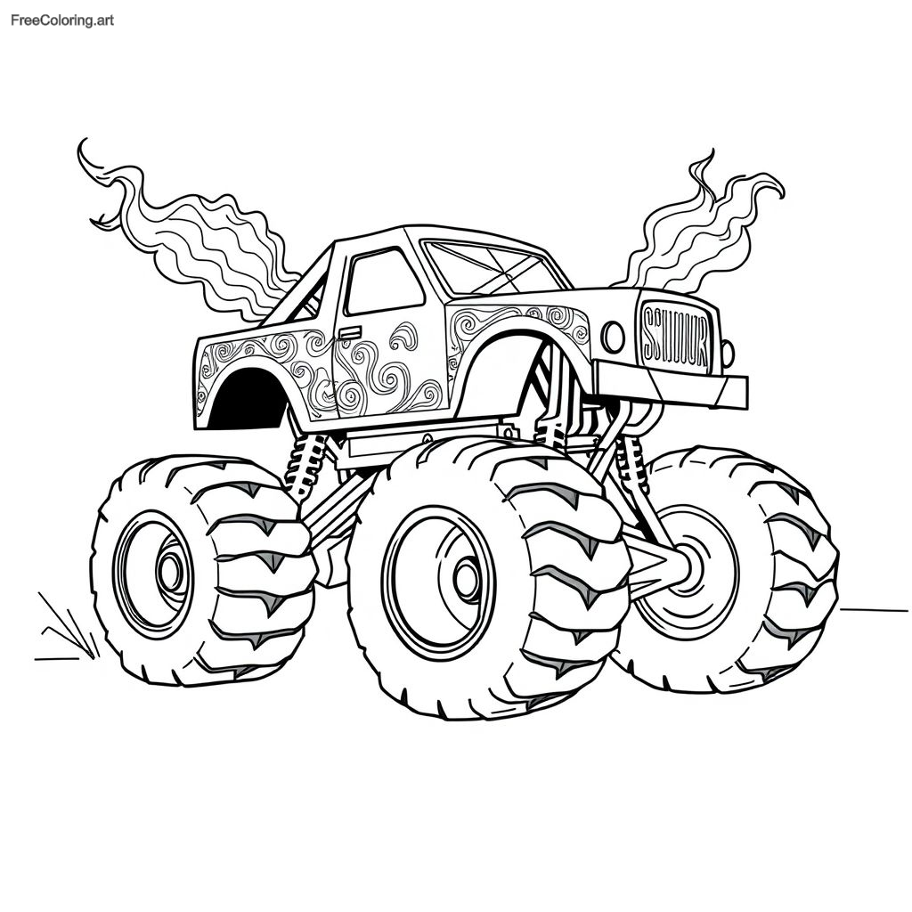 Camión monstruo con llamas saliendo de su escape Camión monstruo con llamas saliendo de su escape