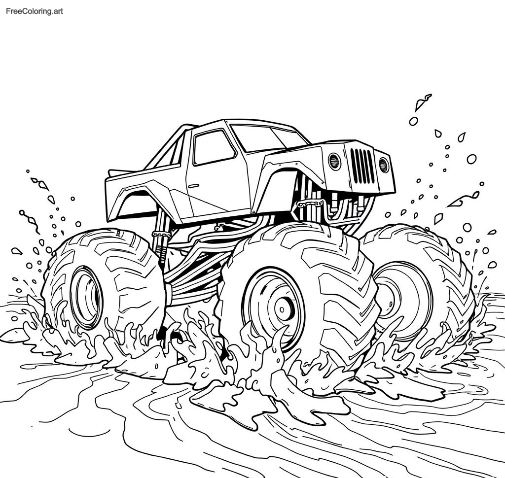 Camión monstruo con ruedas gigantes compitiendo a través del lodo Camión monstruo con ruedas gigantes compitiendo a través del lodo