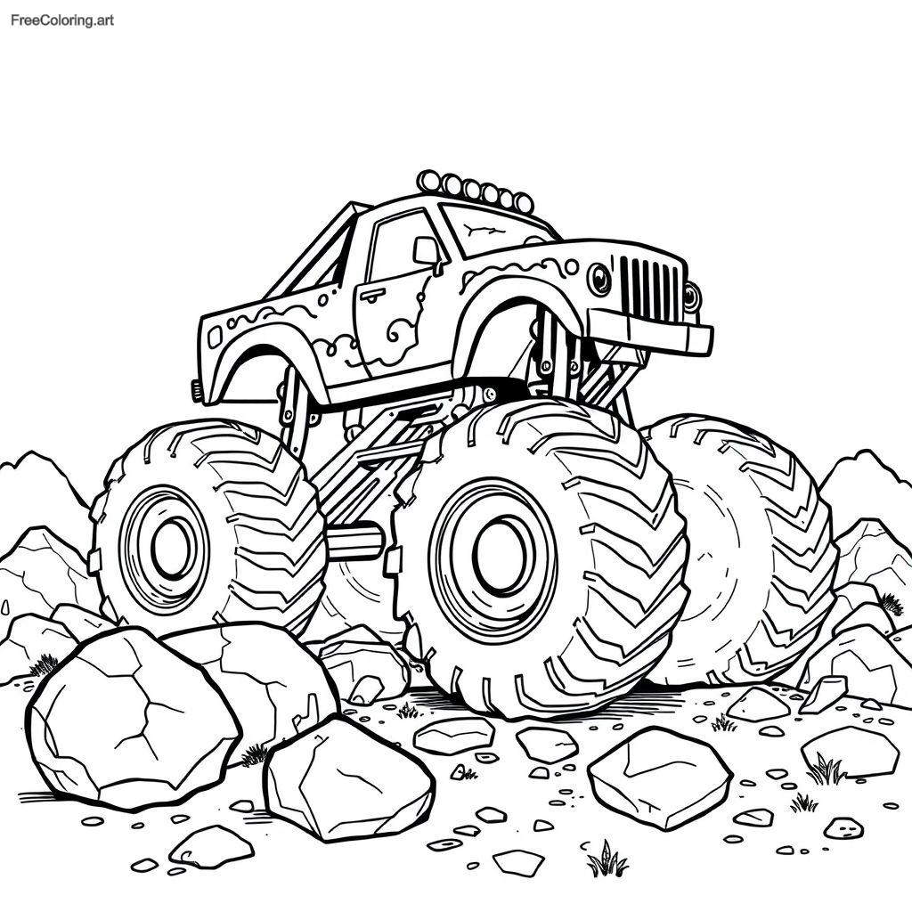 Camión monstruo con neumáticos gigantes aplastando rocas Camión monstruo con neumáticos gigantes aplastando rocas