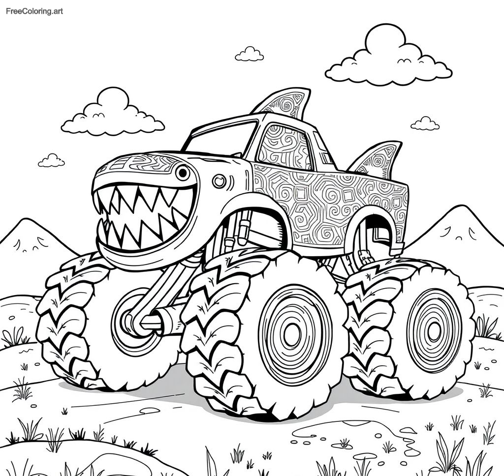 Camión monstruo con dientes afilados como los de un tiburón Camión monstruo con dientes afilados como los de un tiburón