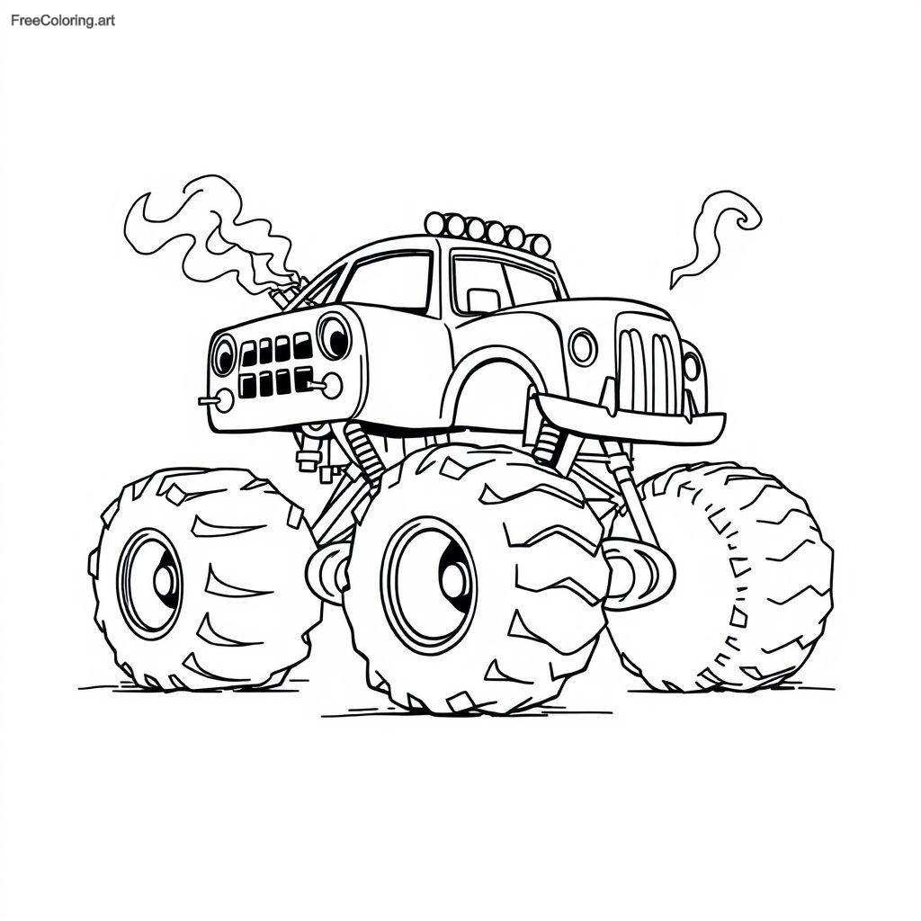 Camión monstruo con humo saliendo de sus tubos de escape Camión monstruo con humo saliendo de sus tubos de escape