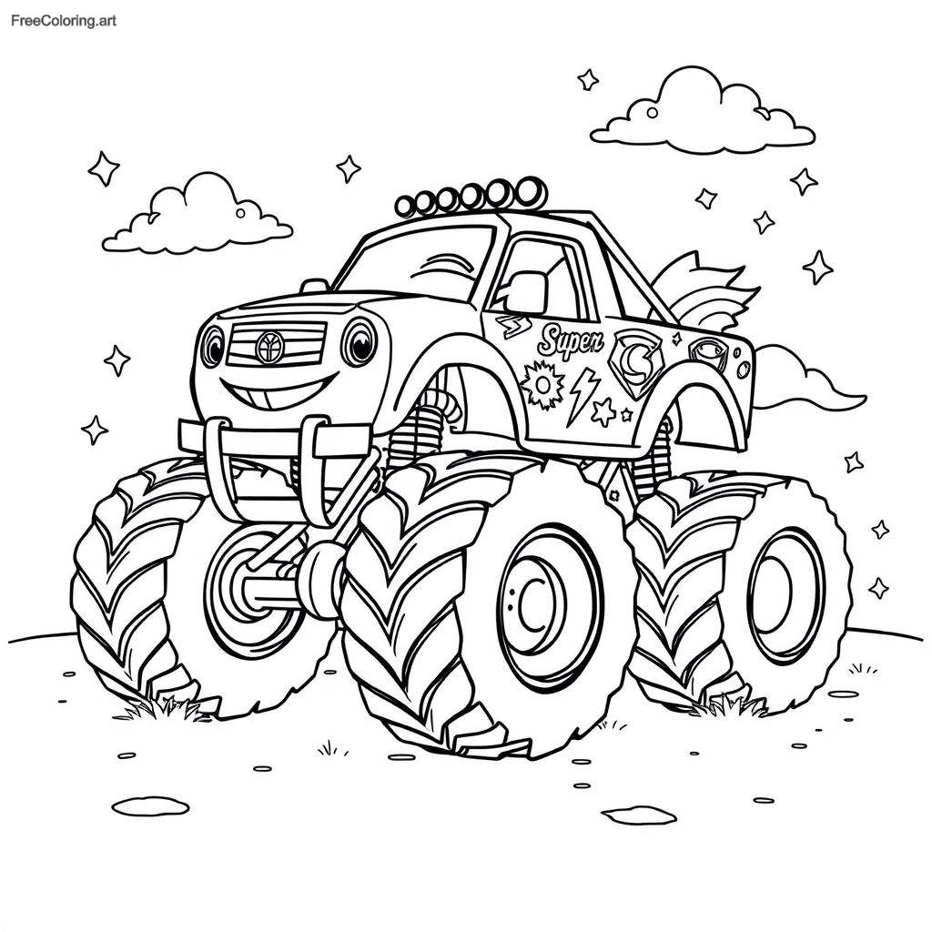 Camión monstruo con símbolos de superhéroes en su carrocería Camión monstruo con símbolos de superhéroes en su carrocería