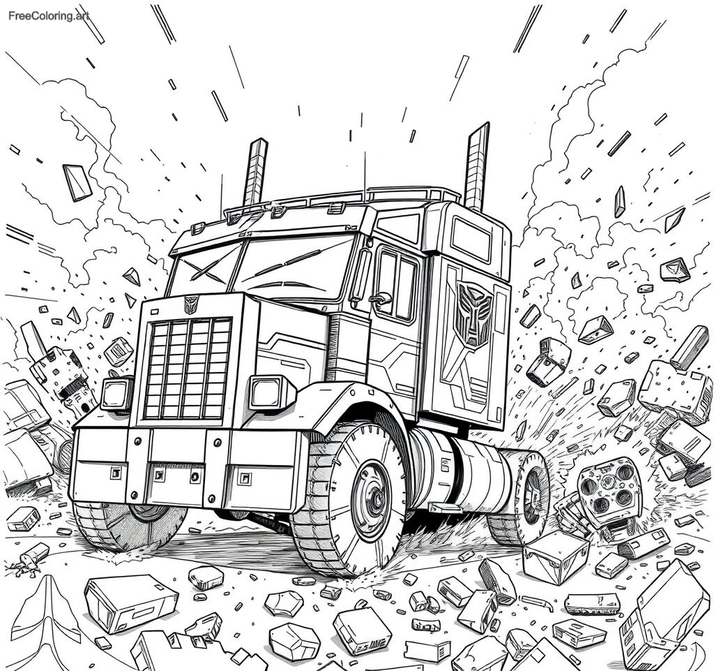 Optimus Prime In Truck Mode Speeding Through A Battlefield Optimus Prime In Truck Mode Speeding Through A Battlefield