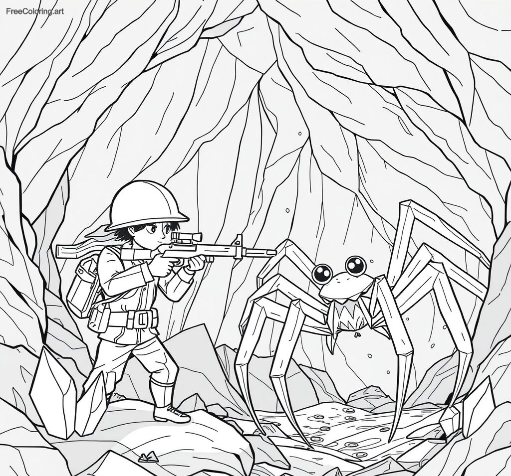 Soldier Aiming A Rifle At A Monstrous Spider In A Deep Cave Soldier Aiming A Rifle At A Monstrous Spider In A Deep Cave
