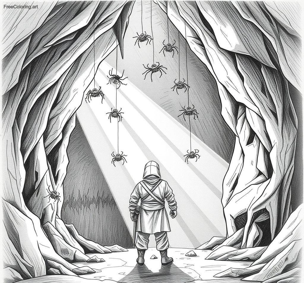 Soldier Facing Multiple Spiders Crawling Down From The Cave Ceiling Soldier Facing Multiple Spiders Crawling Down From The Cave Ceiling