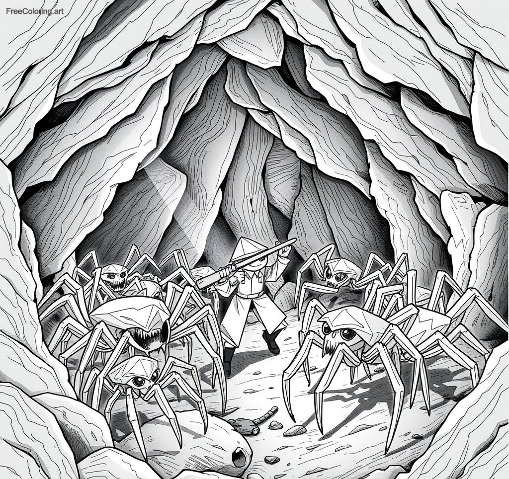 Soldier Fighting Off Multiple Spiders In An Underground Cavern Soldier Fighting Off Multiple Spiders In An Underground Cavern